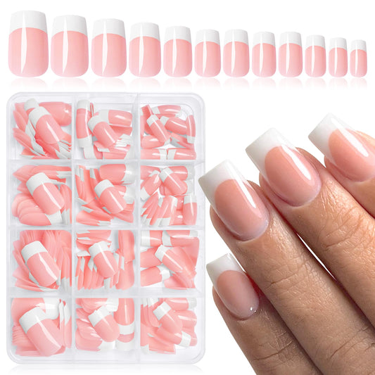 Bellelfin 240Pcs French Tip Press on Nails Short Fake Nails Acrylic Nails Press ons White French Tip Glue on Nails Short Nude French Nails for Women Girls Artificial Fingernails