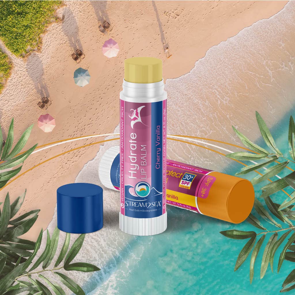 STREAM 2 SEA Cherry Vanilla Lip Balm, Reef Safe SPF 30 and Hydrate Organic Lip Balm Set, Moisturizing Indoor + Sun Protect Outdoor Lip Balm For Beach and Sports, Paraben Free Lip Moisturizer