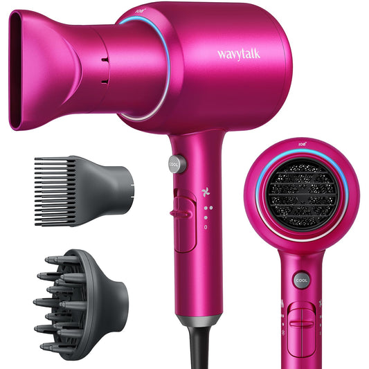 Wavytalk Negative Ions Hair Dryer Professional 1875 Watt Blow Dryer with Concentrator Diffuser and Nozzle Comb Fast Drying Light and Quiet with Ceramic Technology for All Hair Types Fuchsia Rose Red