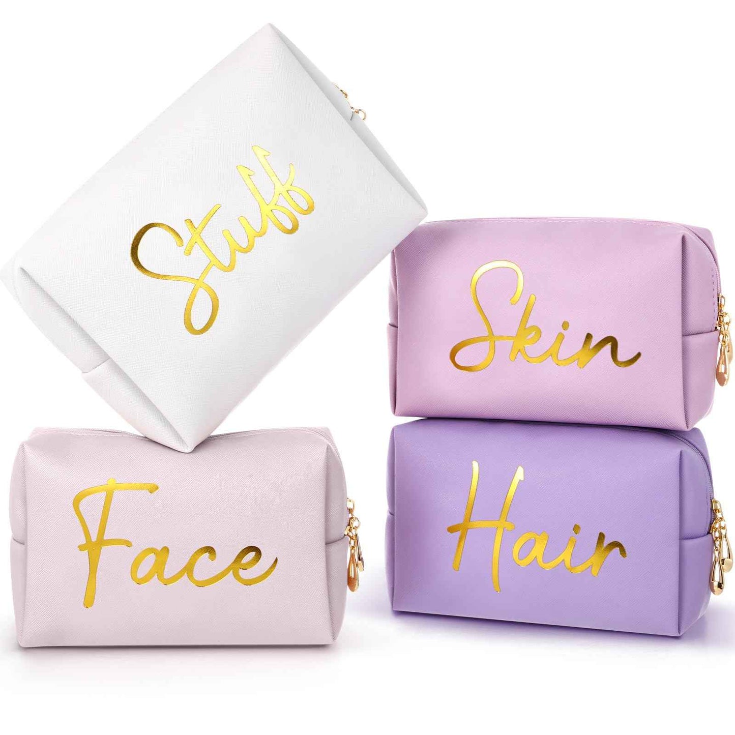 Aliceset 4 Pcs Preppy Makeup Bags Set Cute Travel Cosmetic Pouch Face Skin Hair Stuff Aesthetic Makeup Bags, PU Leather Waterproof Zipper Toiletry Pouch Gifts for Women Girl(Pink Purple)