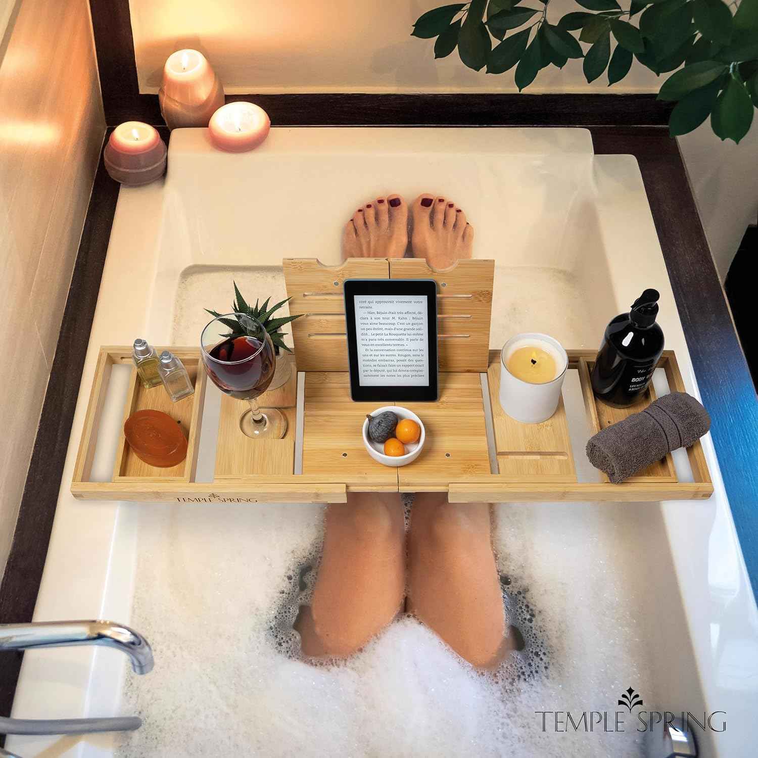 Temple Spring Foldable Bathtub Tray, Unique Design Selfcare Bathroom Caddy, Bamboo Spa Bathroom Tray, Wooden Bathtub Accessories, Wedding Gift/Birthday Gift/New Home Bath Table