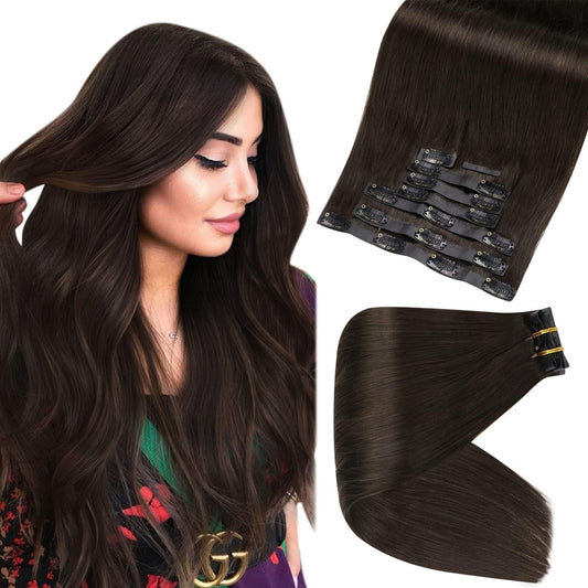 Full Shine Seamless Clip in Hair Extensions Human Hair Brown Remy Hair Extensions Clip in Human Hair Triple Weft Darkest Brown Hair Straight Natural Hair Extensions for Women 8 Pcs 95 g 12 Inch