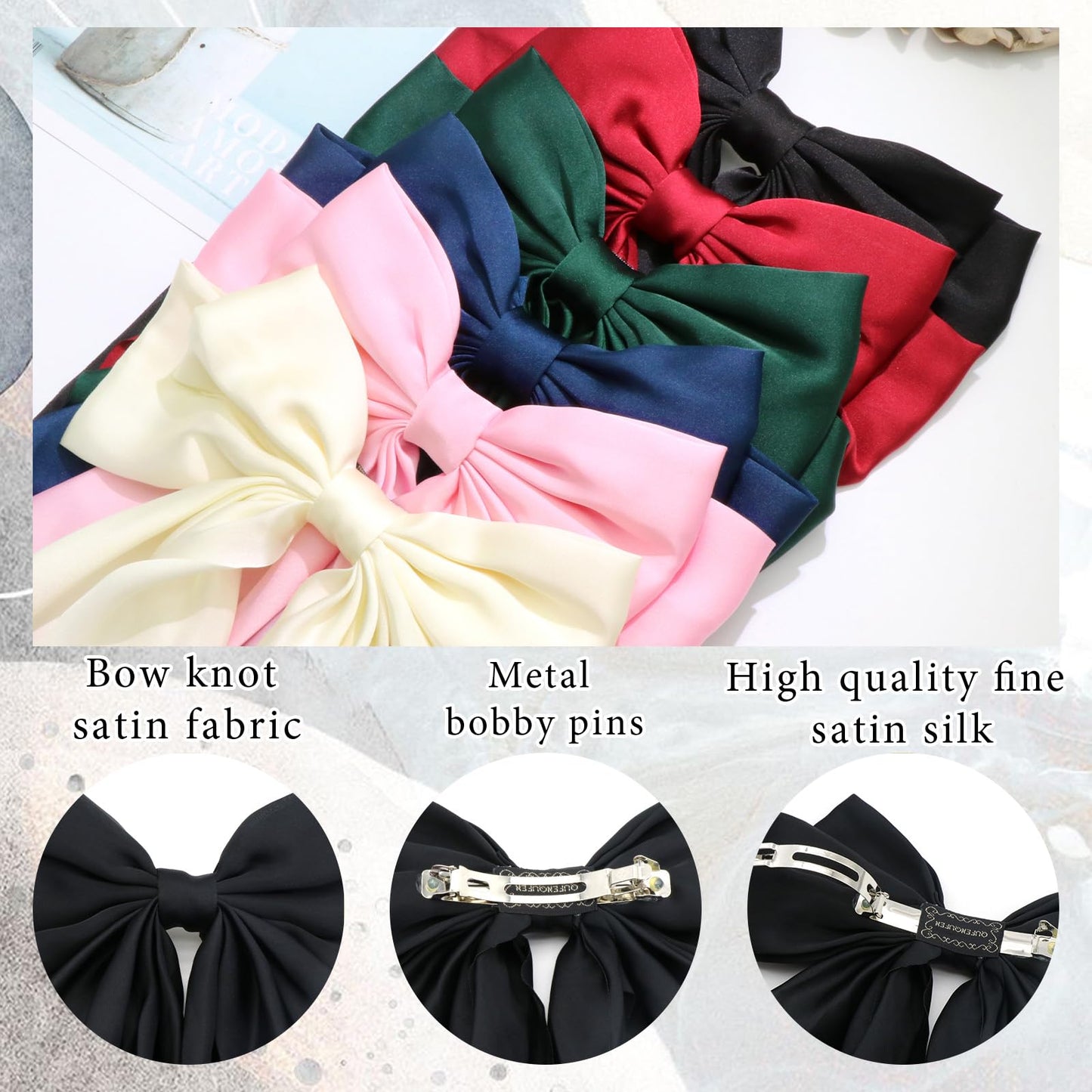 FULZTEY Hair Accessories - Bow-knot Black Barrettes with Soft Ribbons, Metal Clamp Hair Clips for Girls and Women, 6 PCS