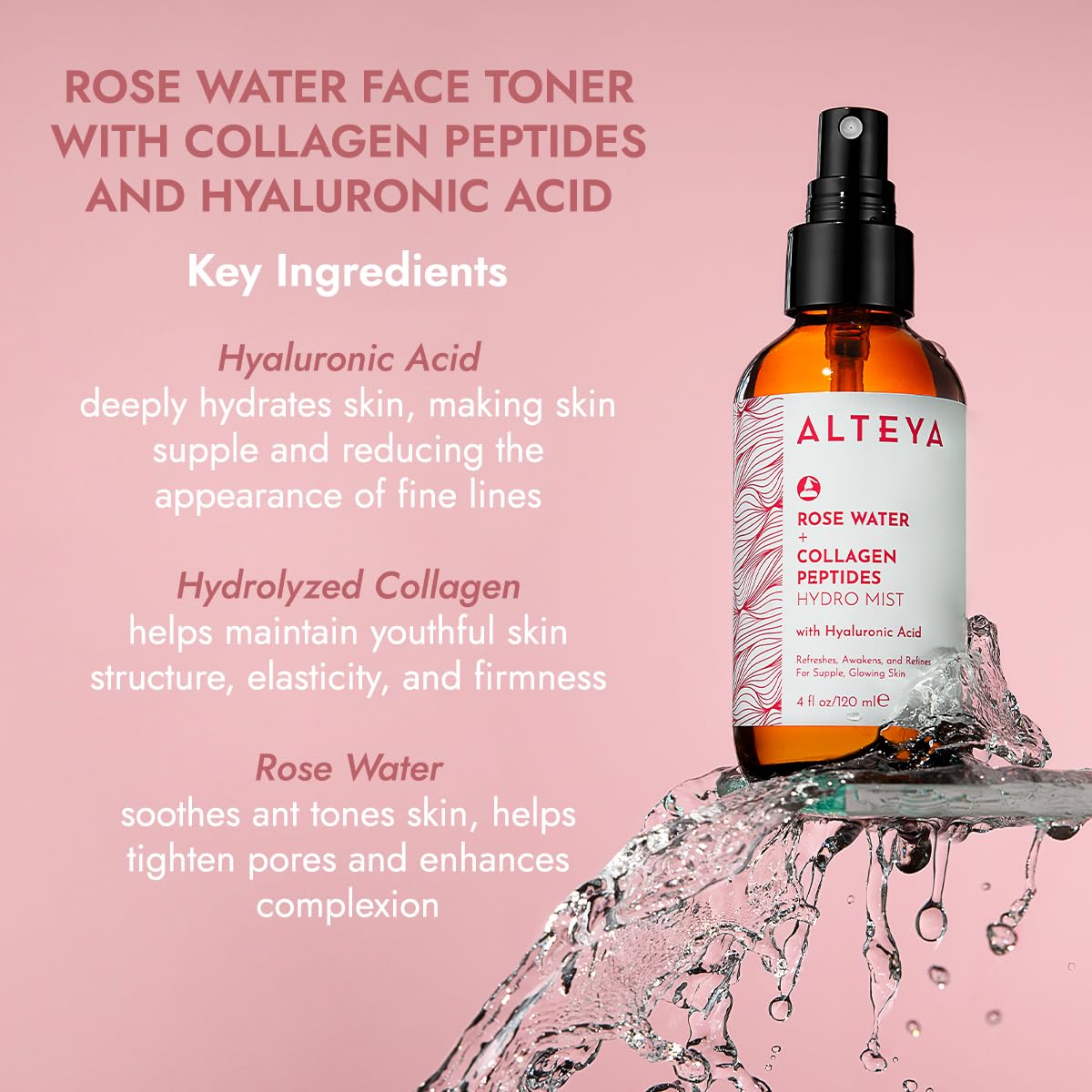 Alteya Organics Rose Water Face Toner with Collagen Peptides and Hyaluronic Acid - 4 Fl Oz/ 120mL