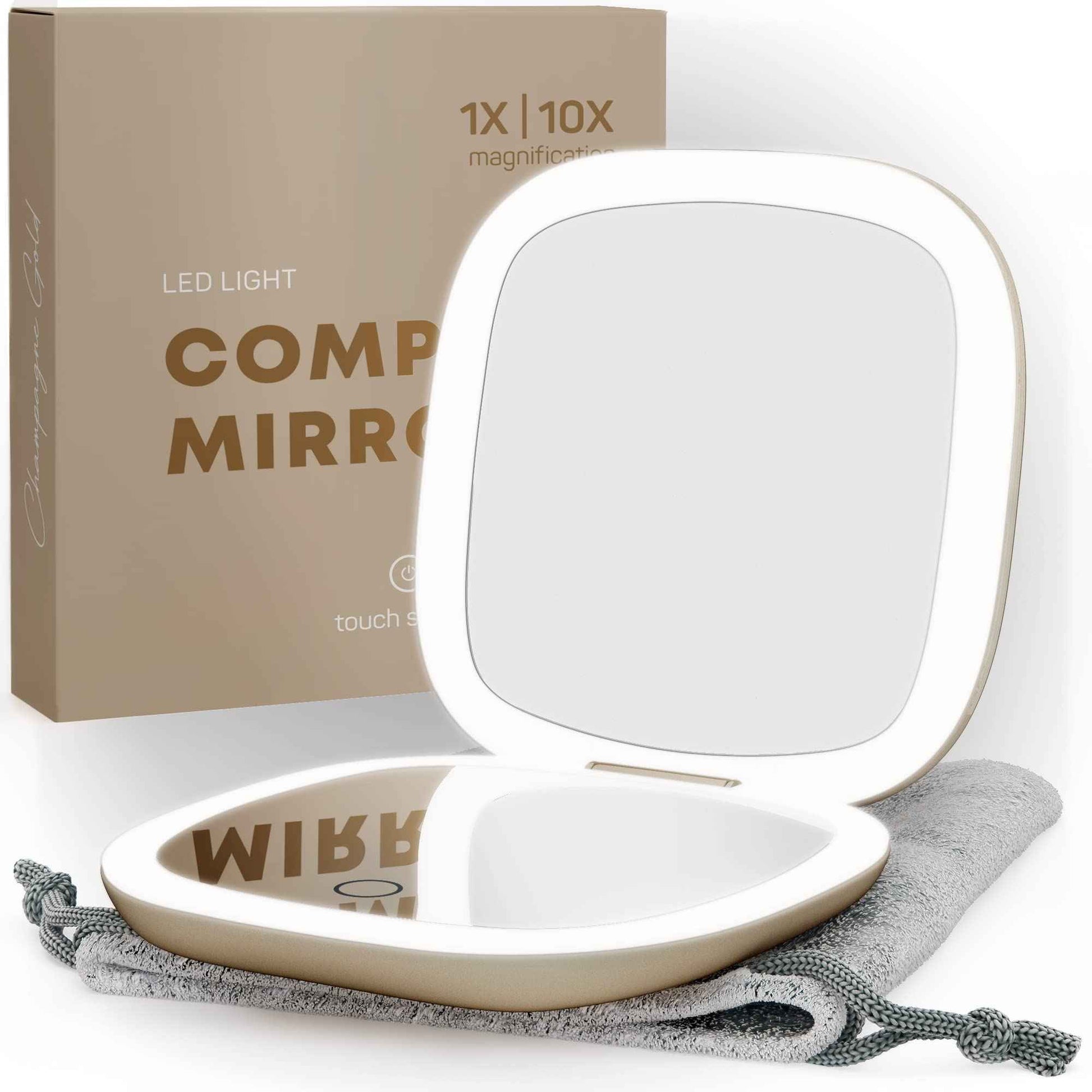Mavoro LED Lighted Travel Makeup Mirror, Rechargeable, 1x/10x Magnification (Champagne Gold)