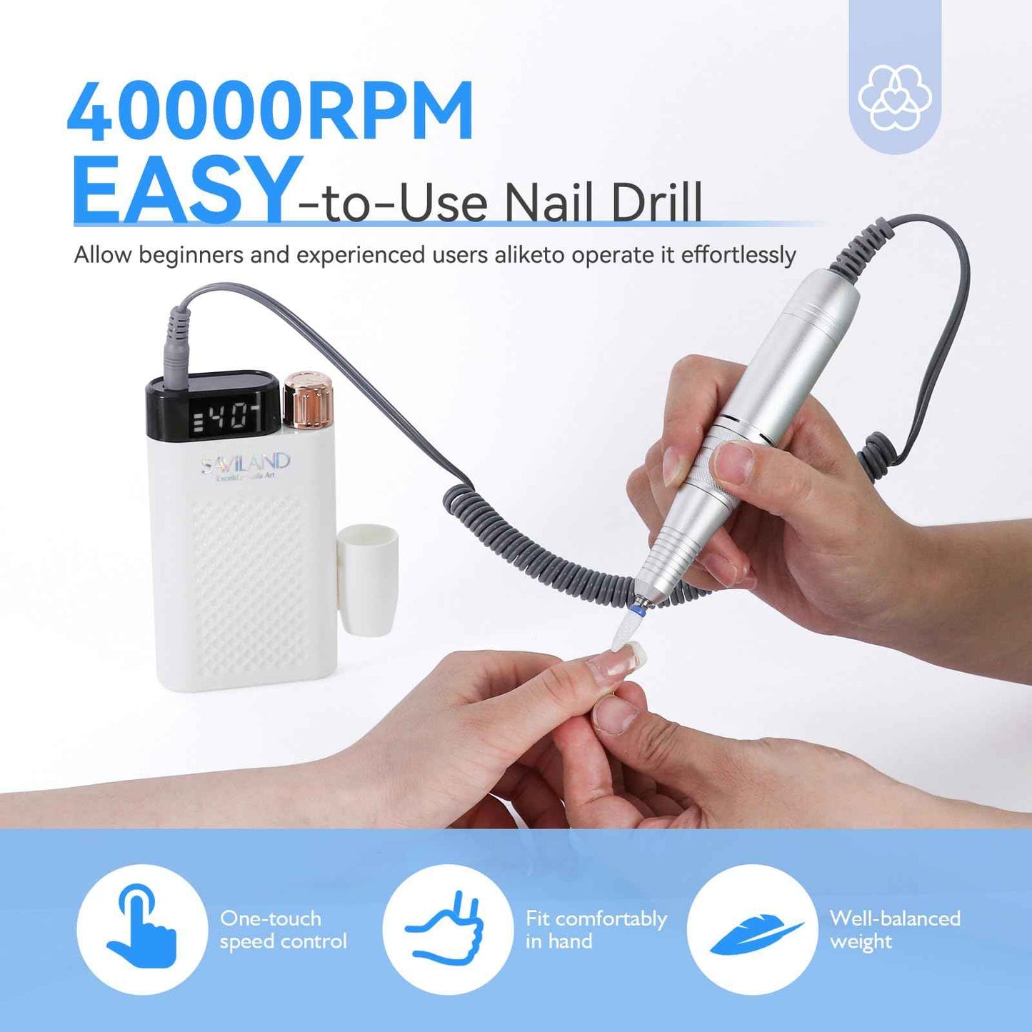 SAVILAND Nail Drill Professional: 40000RPM Nail Drill Machine Faster Removel Any Acrylic Nails, Powerful & Anti Shaking for Nail Salon & Pedicure