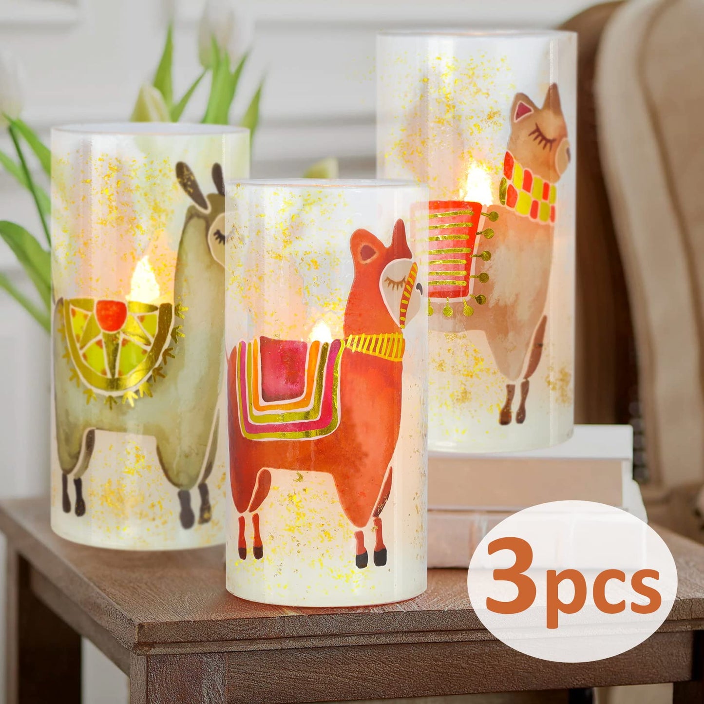 MELTONE Alpaca Flameless Candles Pet Theme Bronzing Process Sheep Flickering LED Candles with Remote - Home Party Bedroom Christmas Decor - Set of 3