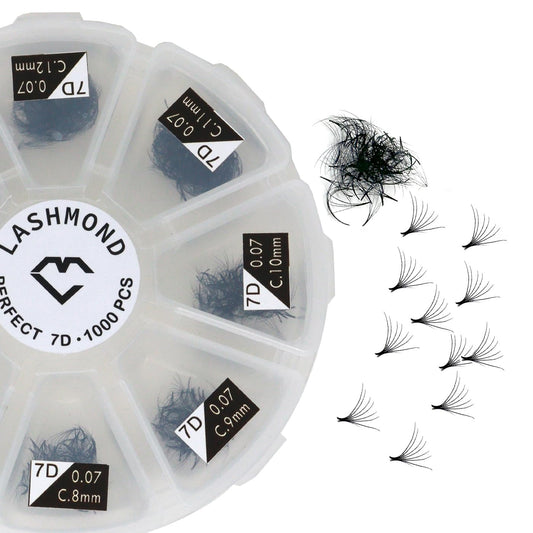 Lashmond 1000 Premade Fans Eyelash Extension Handmade Loose Volume Short Stem Eyelash Multiple Options 5D/7D Pre-made Fans 0.07mm Thickness C/D Curl 8mm-15mm Mixed Length Volume Eyelash Extensions mixed Length Eyelash in the tray (7D/C Curl)