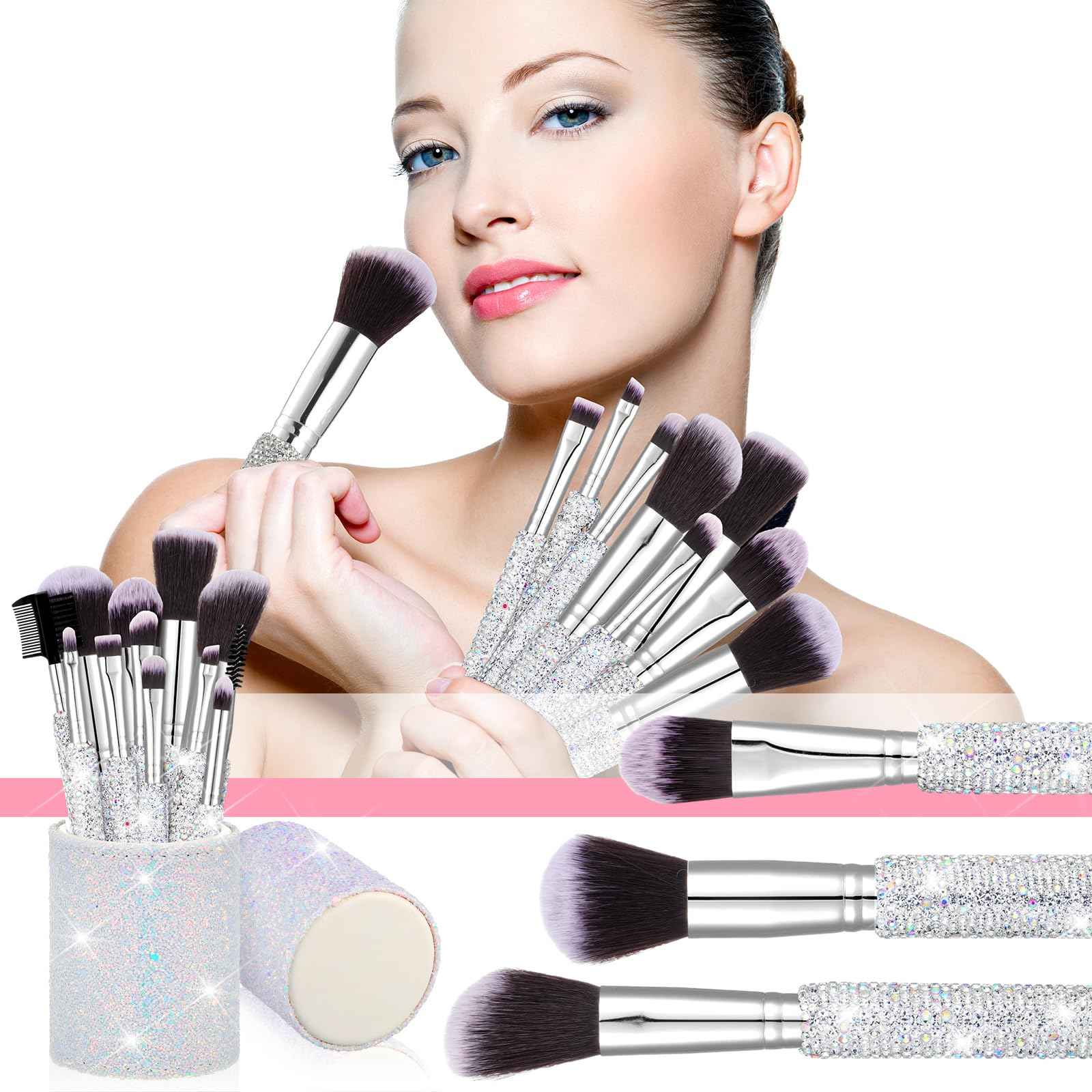 Nuogo 13 Pcs Rhinestone Makeup Brushes Set 12 Bling Crystal Professional Face Cosmetics Blending Liquid Foundation Powder Concealer Eye Shadows Make up Beauty Tool Glitter with 1 Holder