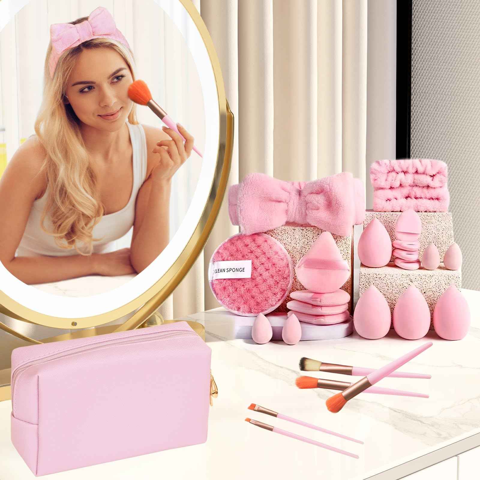 Unique Birthday Gifts for Tween Teen Girls - 40 PCS Trendy Stuff Gifts Set for Teen Girls, Makeup Brushes Makeup Bag Birthday Gift Ideas Gift Set for Her Mom Sister Wife Best Friend(Pink)