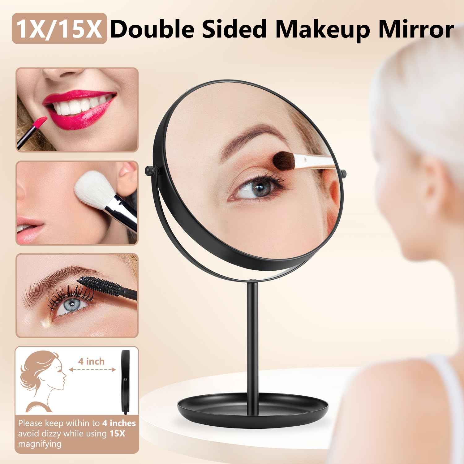 DECLUTTR 15X Magnifying Makeup Mirror, 9 Inch Tabletop Mirror on Stand, Large Double Sided Vanity Mirror for Desk, Black