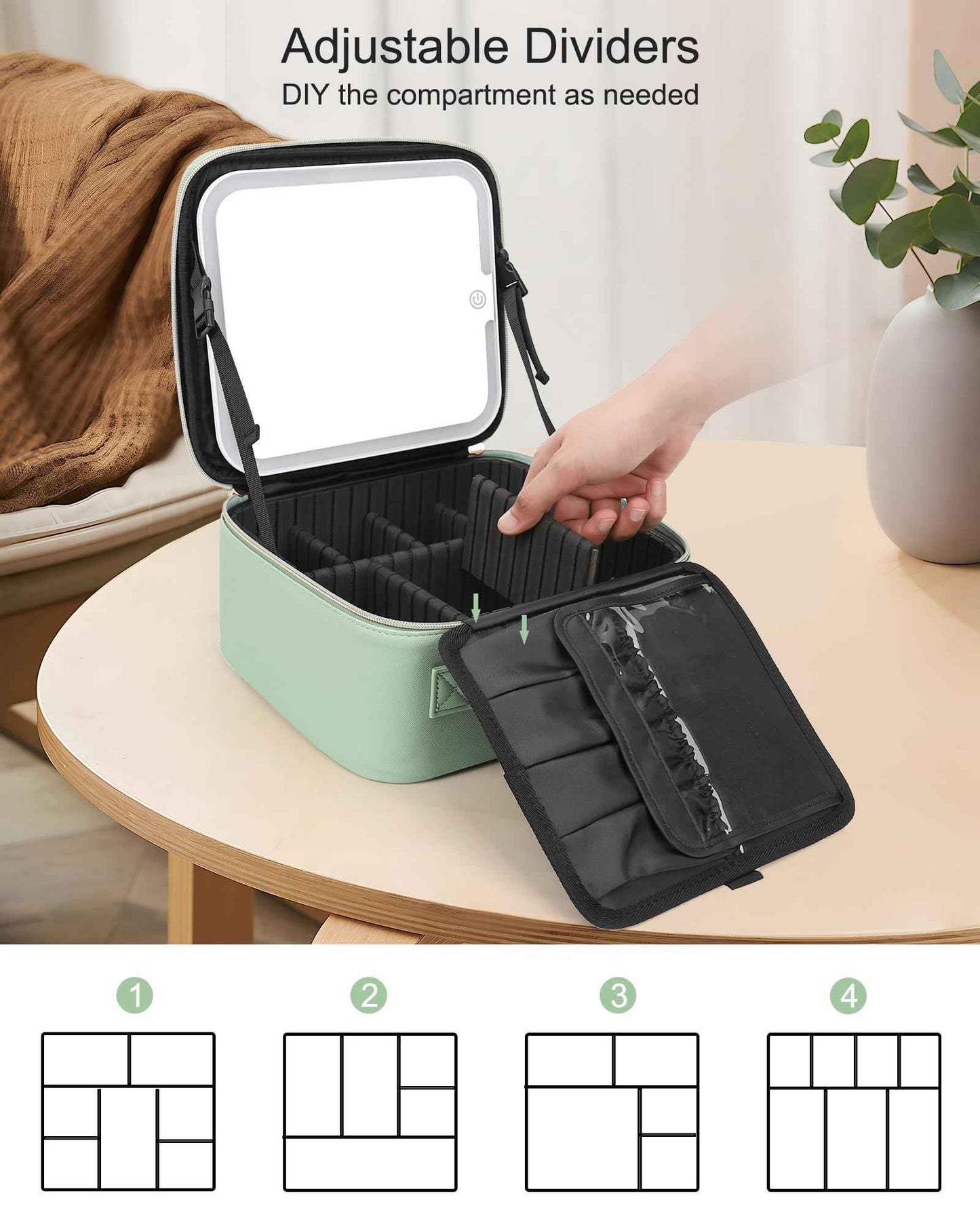 Relavel Makeup Bag With Light Up Mirror, Travel Cosmetic Case With Brush Organizer Storage Box, Rechargeable Vanity With 3 Color Lights, High Frame Protection (Green)