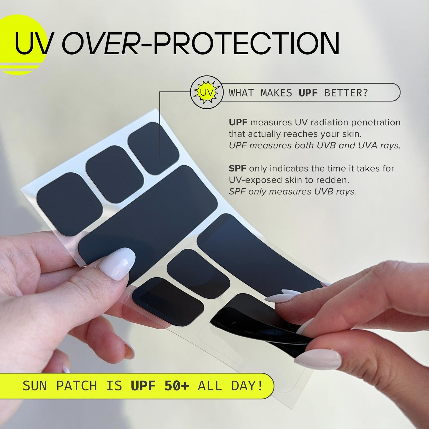 Sun Patch, Hypoallergenic Sun-Screen Square Shaped Patches, 100% Silicone UPF-50 UV Protection, Reusable, 1 Pack/8 Squares, Black