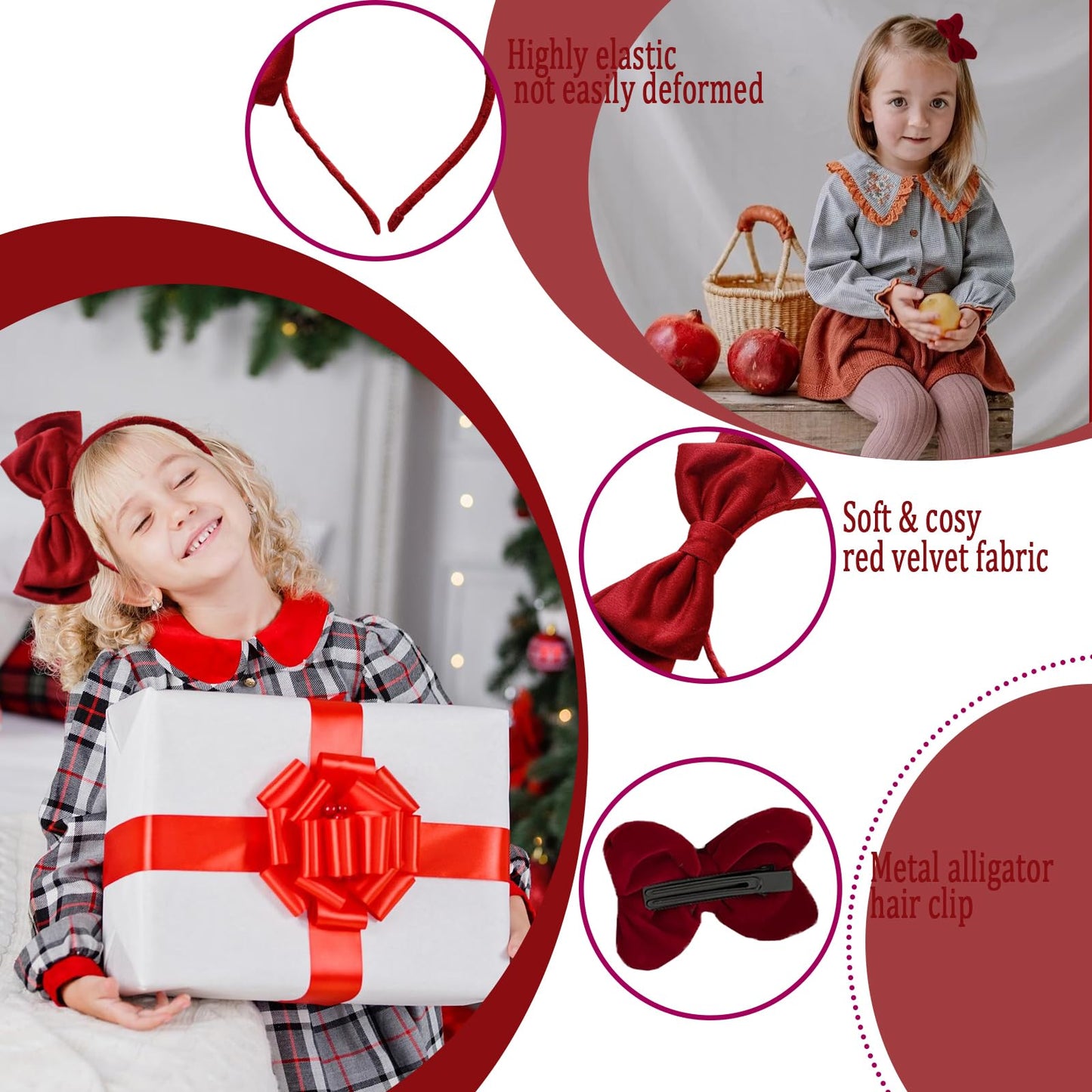 FMOYSIEN Red Bow Headband for Women Red Velvet Headband Burgundy Velet Bow Hair Clips for Valentine's Day, Christmas Party, Role Play Party Costume Decoration