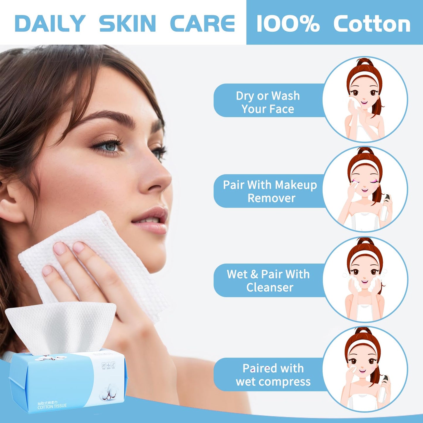 Cotton Facial Dry Wipes 100 Count, Deeply Cleansing Disposable Face Towel Wash Cloth, Multi-Purpose for Skin Care, Make-up Wipes, Face Wipes and Facial Cleansing (2 Pack)