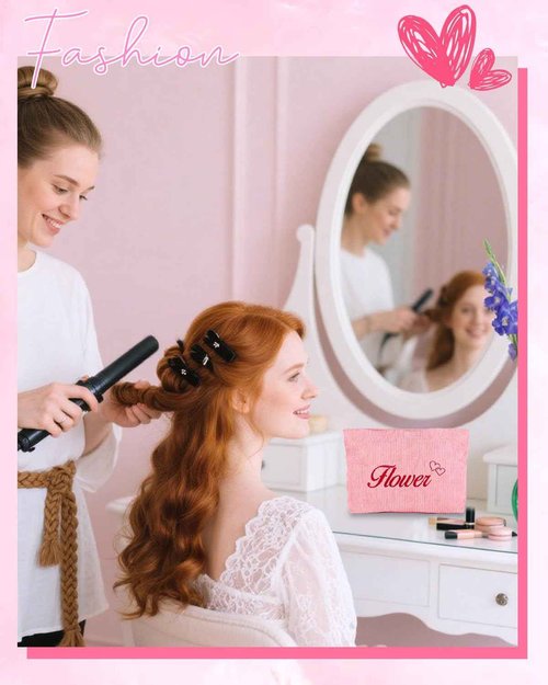 Personalized Cosmetic Bag with Embroidery, Custom Cute Makeup Bags, Travel Skincare Toiletry Organizer Pouch (Pink- Flower)