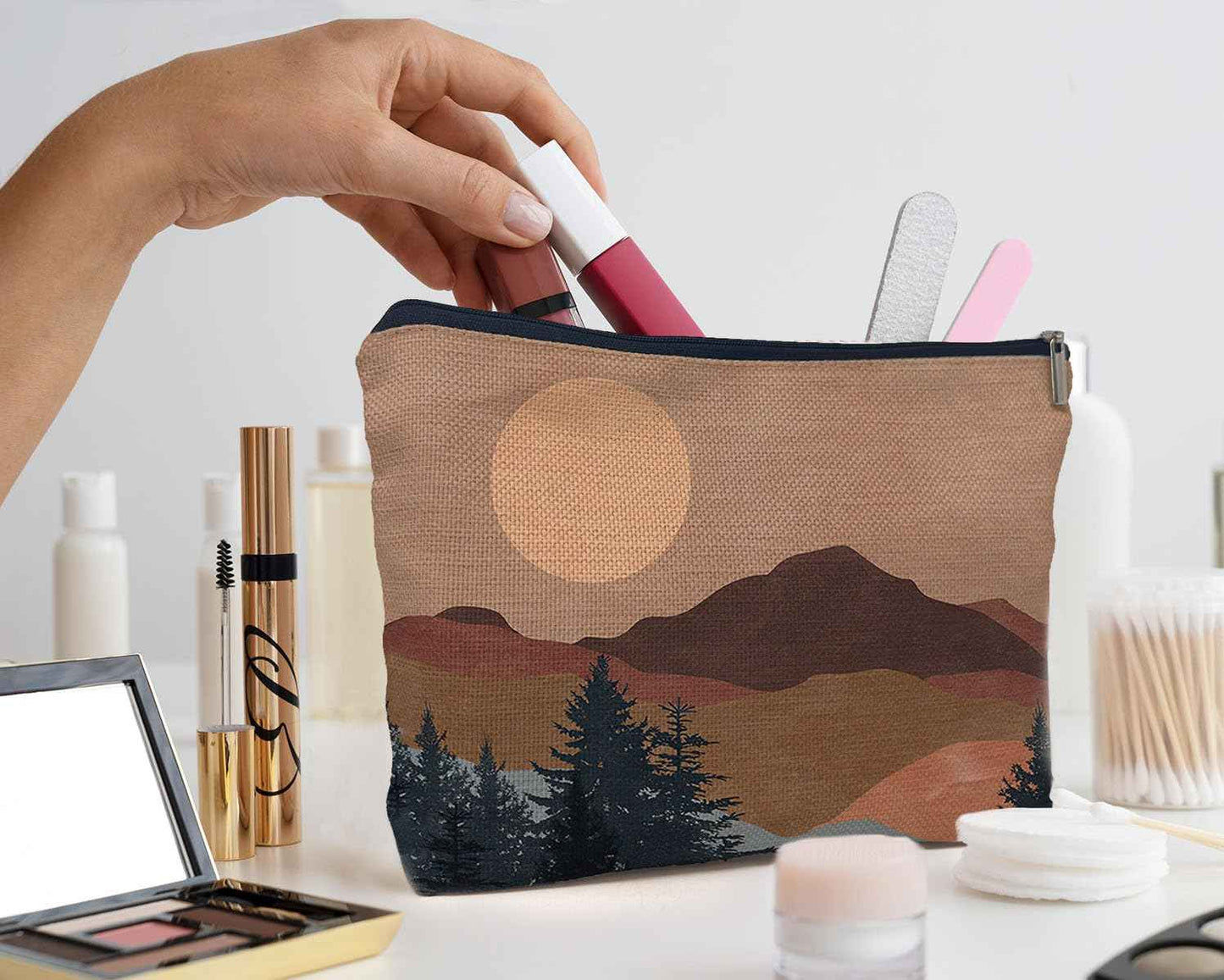 IWXYI Boho Mountain Sun forest Cosmetic Bag,Neutral Boho Mid-Century Sun Women's Makeup Make Up Bag Zipper Pouch Travel Toiletry Gifts For Women Teenage Girls Boho Lover