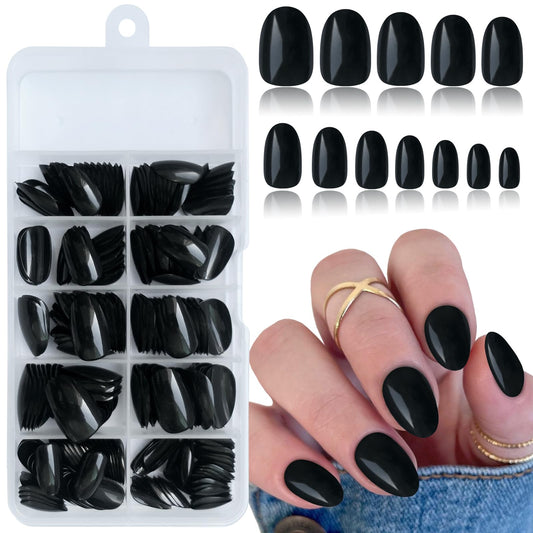 Lifextol Short Press on Nails Almond Fake Nails Black, 240 Round Almond Press on Nail Short Full Cover Acrylic Presson Nail Tips False Artificial Fingernails & Nail Glue Adhesive Tabs for Women Kids