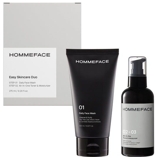 HOMMEFACE Men’s Easy Duo Skin Care Set, 2-Step Daily Routine Kit with Facial Cleanser and 2-in-1 Face Toner & Moisturizer for Men, For Oily & Acne-Prone Skin, 9.29 fl.oz.