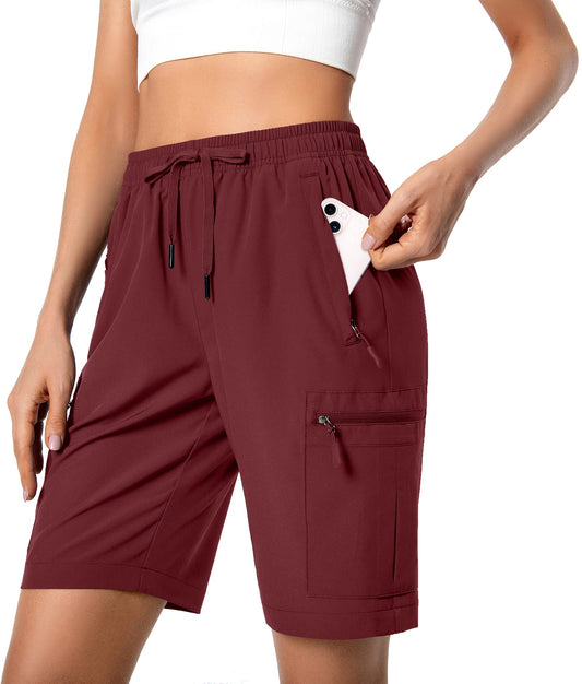 Women's Lightweight Hiking Cargo Shorts Quick Dry Athletic Shorts for Camping Travel Golf with Zipper Pockets Water Resistant Maroon