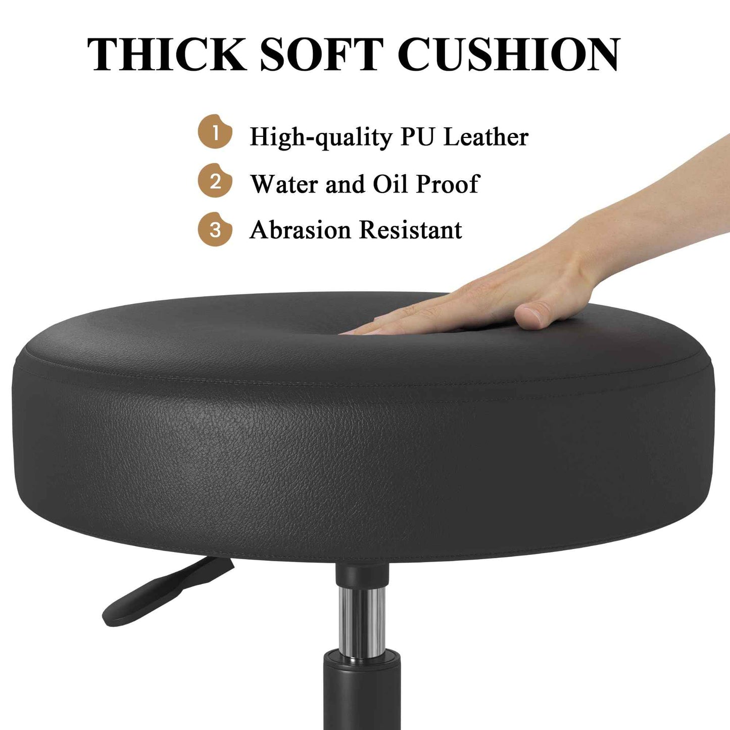 SHA CERLIN Rolling Stool with Wheels Swivel Shop Salon Chair Adjustable Drafting Massage Medical Tattoo Spa with PU Leather Cushioned, Black