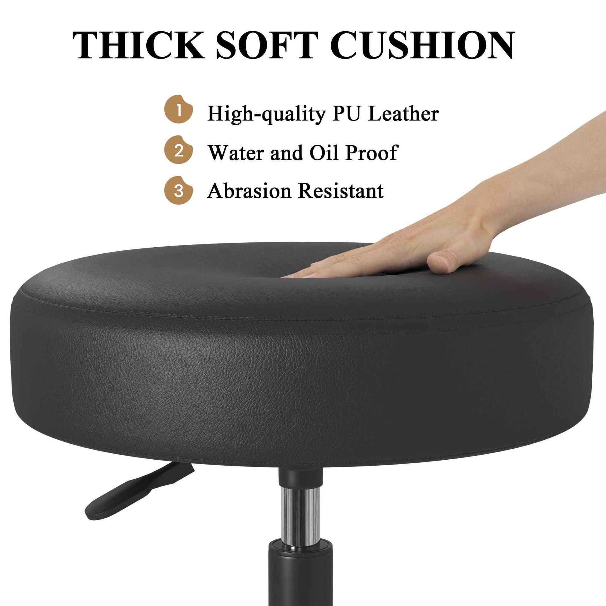 SHA CERLIN Rolling Stool with Wheels Swivel Shop Salon Chair Adjustable Drafting Massage Medical Tattoo Spa with PU Leather Cushioned, Black