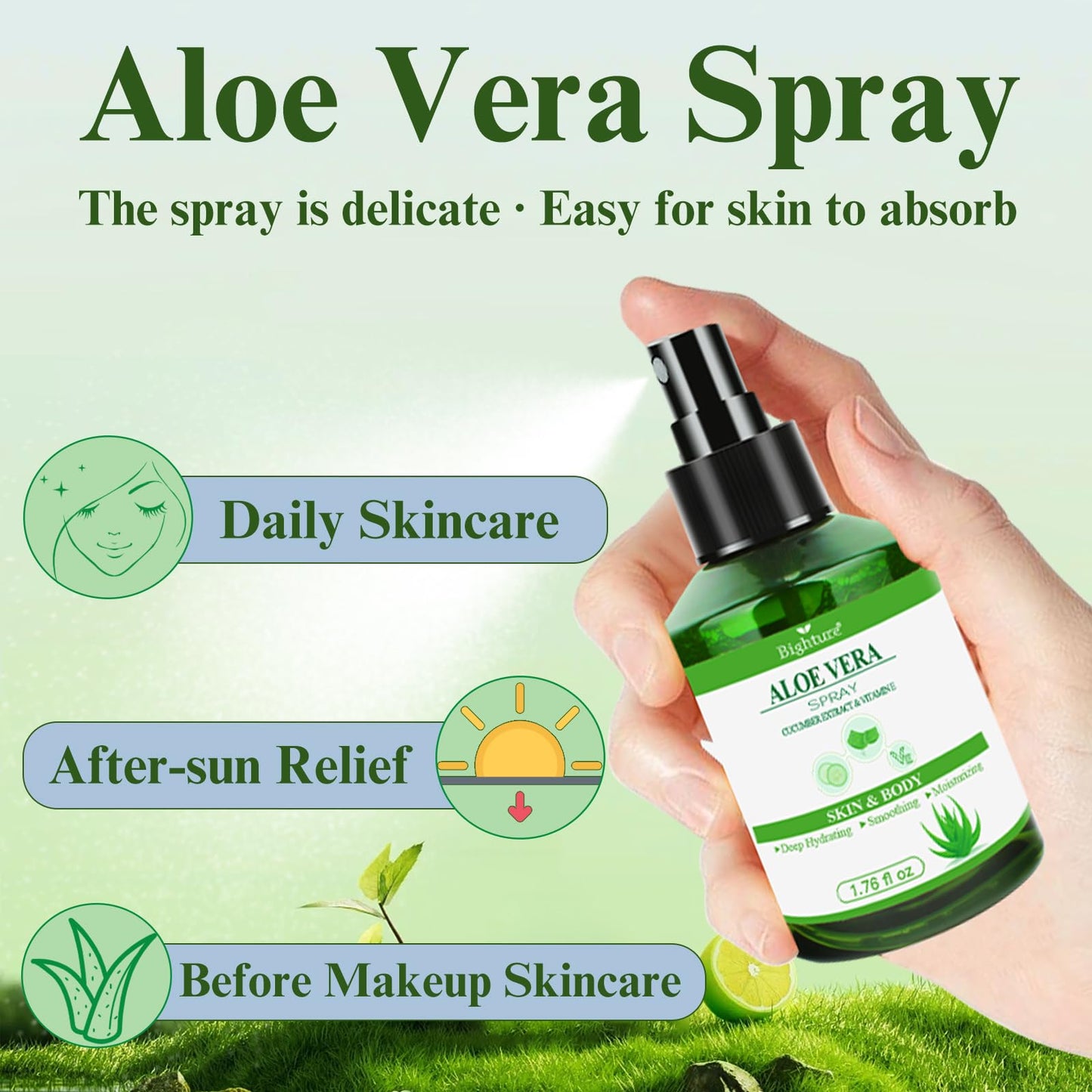 BIGHTURE Aloe Vera Spray for Whole Body Skin, Aoe Vera Spray Extract from Freshly Cut Aloe and Infused wirh Cucumber Essence，Fast Absorbing, Easy to Use, Travel Set, 1.73 oz