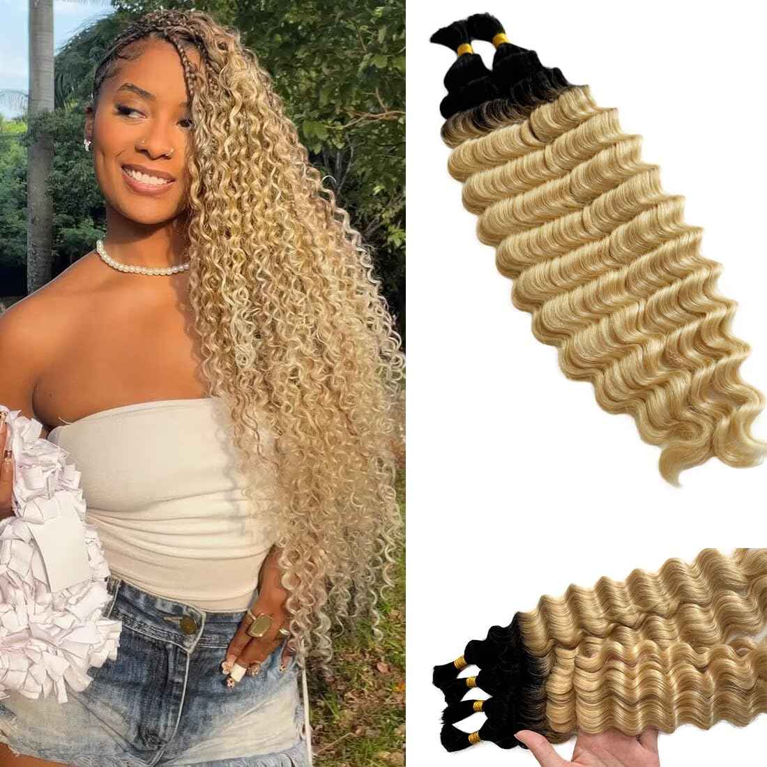 Human Braiding Hair for Boho Braids Ombre Blonde 100g 16 Inch Deep Curly Wave Natural Black Color for Boho Braids Remy Hair No Weft Boho Human Braiding Hair with Dark Roots Curly 2 Bundles/Pack