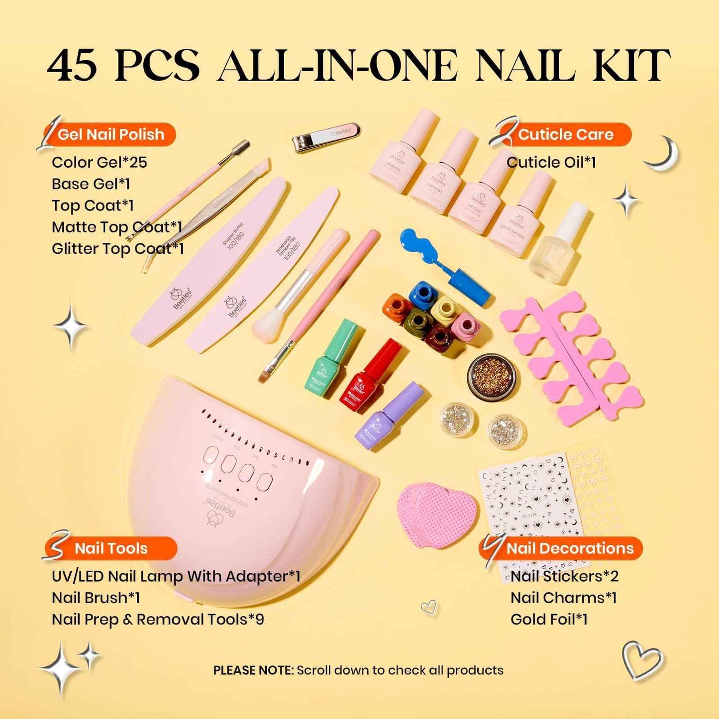 Beetles Gel Nail Polish Kit with U V Light - 25 Colors Gel Polish Set Fall Nail Fest Fragments of Time 45 Pcs Nails Kit with Tools DIY Salon Manicure Set Gifts for Women Girls - One Color One Bottle