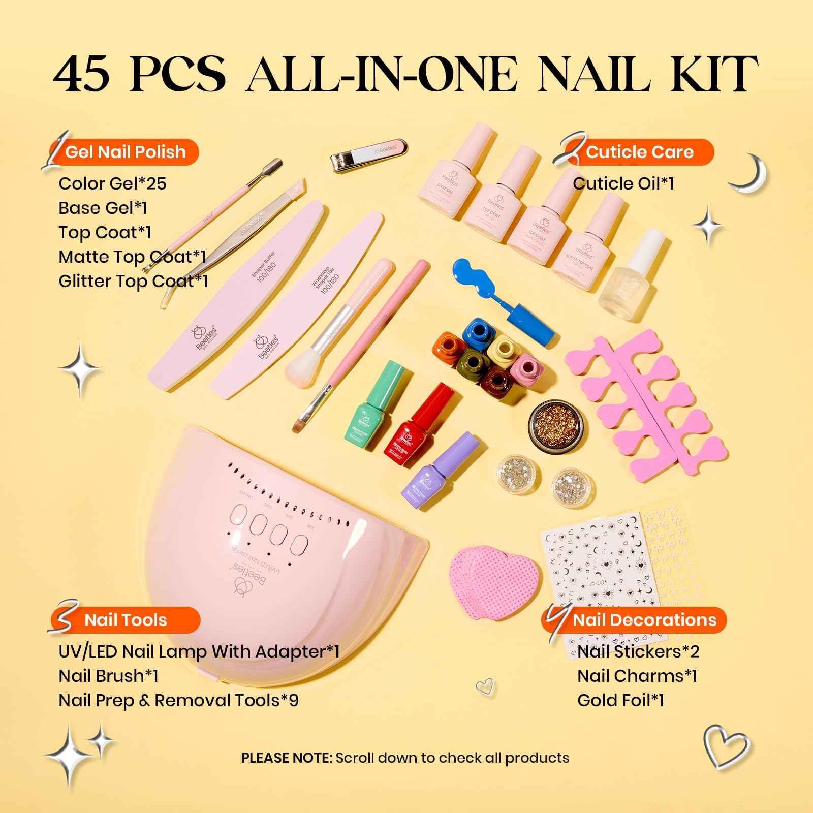 Beetles Gel Nail Polish Kit with U V Light - 25 Colors Gel Polish Set Fall Nail Fest Fragments of Time 45 Pcs Nails Kit with Tools DIY Salon Manicure Set Gifts for Women Girls - One Color One Bottle