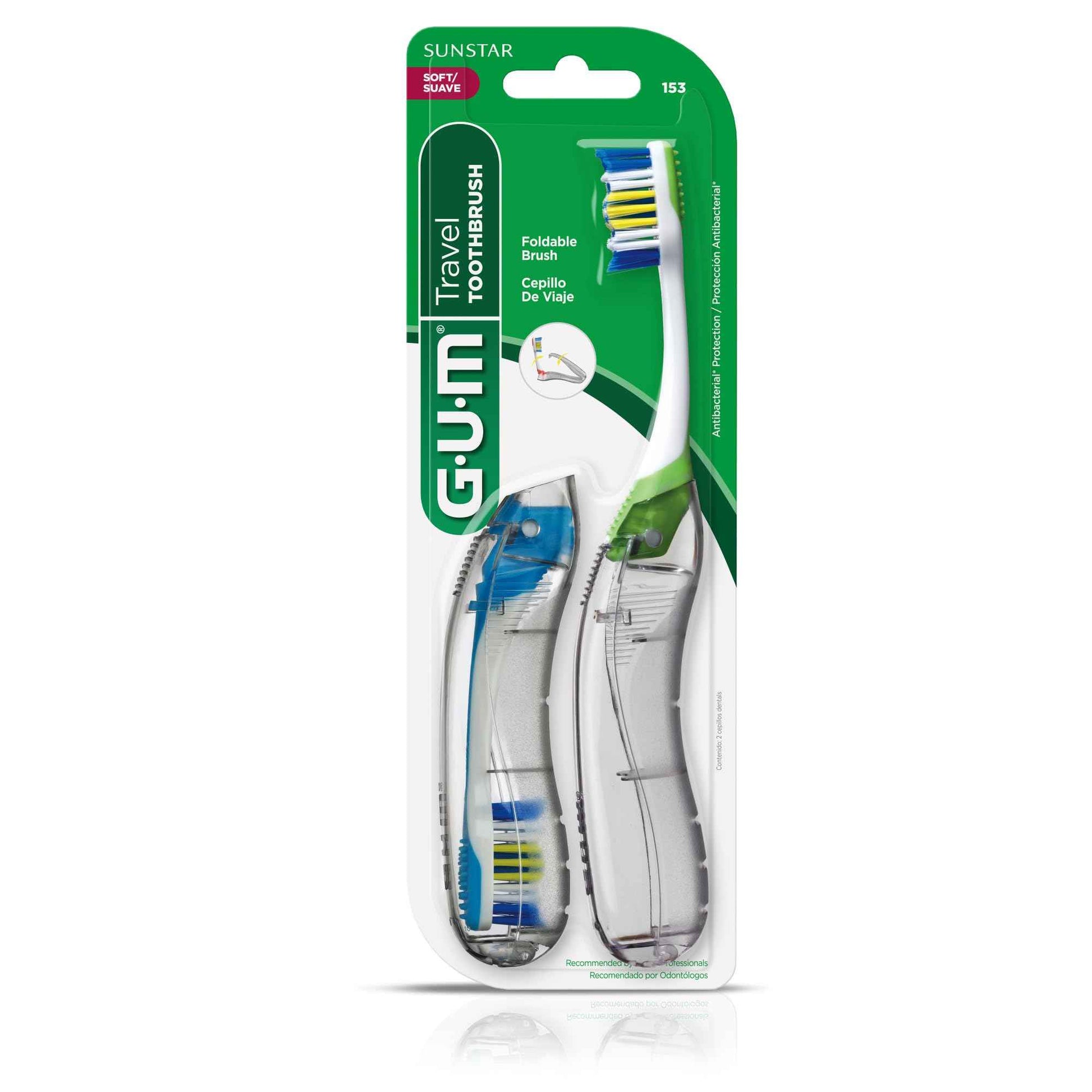 GUM Folding Travel Toothbrush, Compact Head + Tongue Cleaner, Soft Bristled Travel Toothbrushes for Adults, 2ct (Pack of 2)