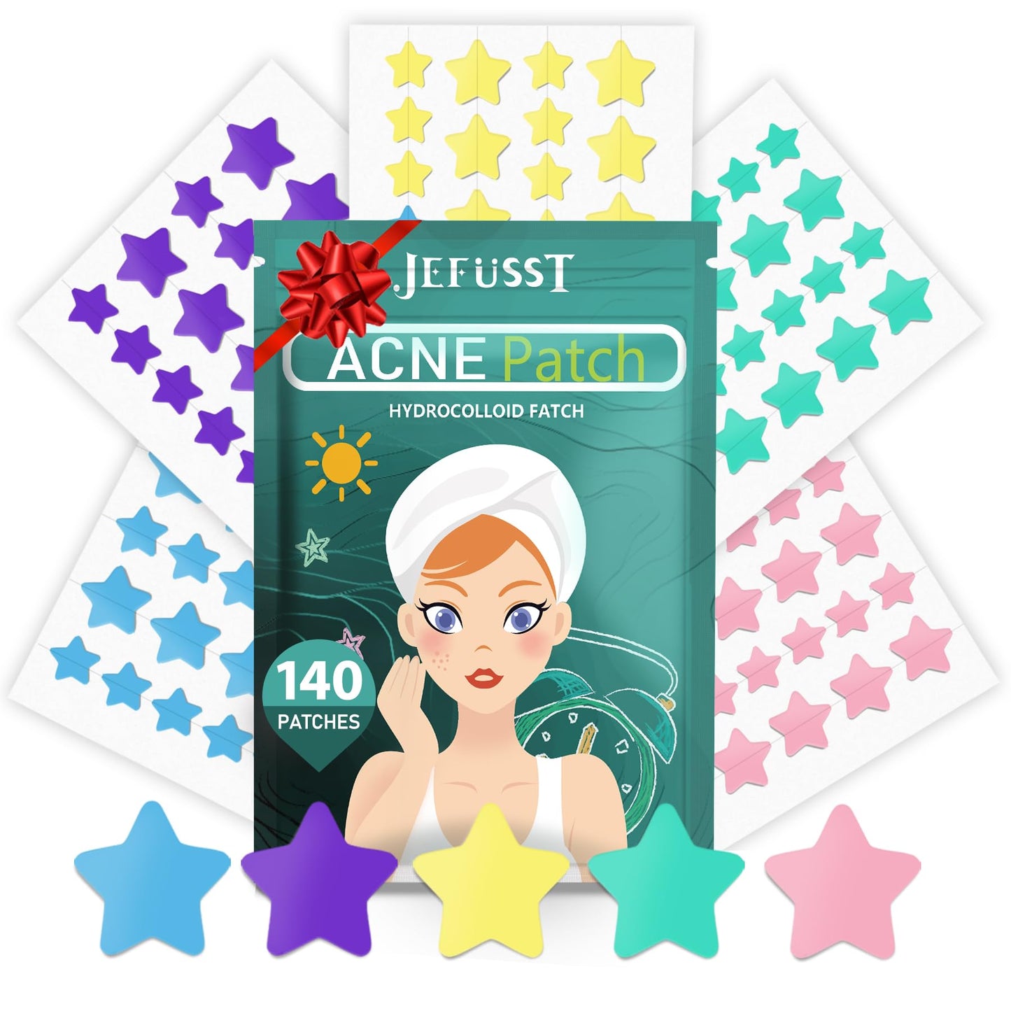 Jefusst 140 Counts Star Acne Patches, Star Pimple Patch Pimple Patches for Face Hydrocolloid Acne Patches Cute Zit Patches for Face Healing Sticker - Turquoise, Blue, Pink, Purple and Yellow