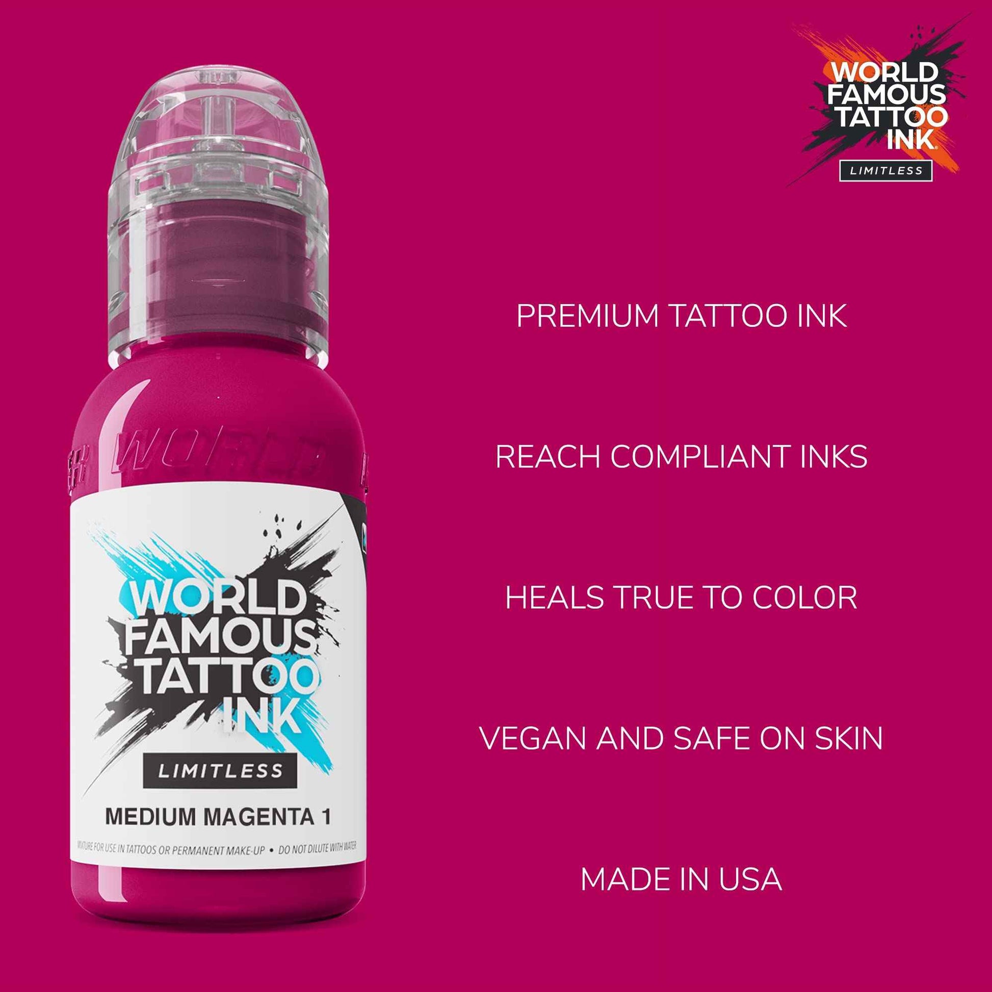 World Famous Tattoo Ink Limitless - Medium Magenta 1 - Professional Tattoo Ink & Tattoo Supplies - Skin-Safe Permanent Tattooing in Bold Shades - Vegan & Non-Toxic (1 oz)