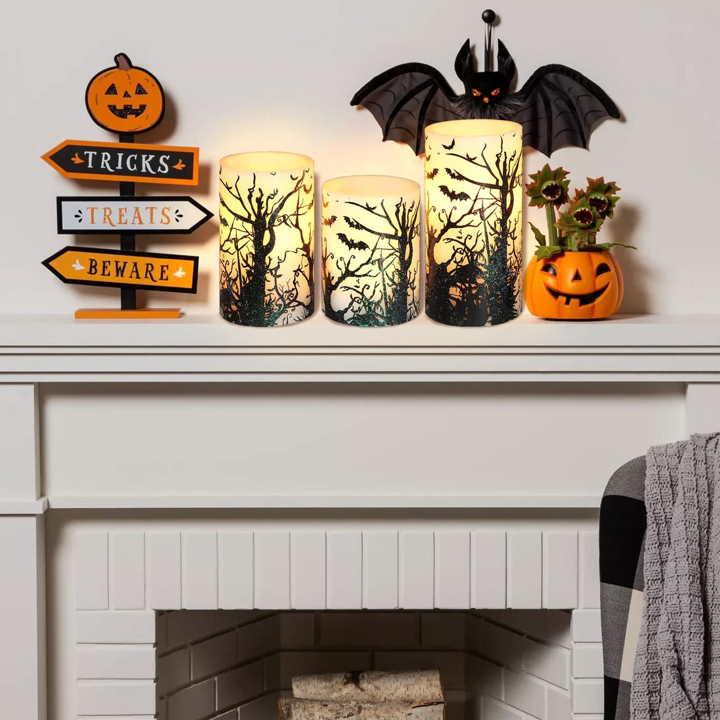 REVELBUNNY Halloween Flameless Candles Spooky Bats Decal LED Flickering Candles with Remote Timer, Battery Operated Real Wax Pillar Candle for Halloween Home Party Decoration, Set of 3