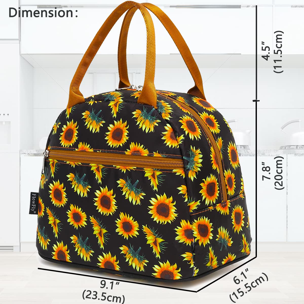 FlowFly Insulated Reusable Lunch Bag Adult Large Lunch Box Lunch Tote for Women and Men,With Front Pocket,SunFlower