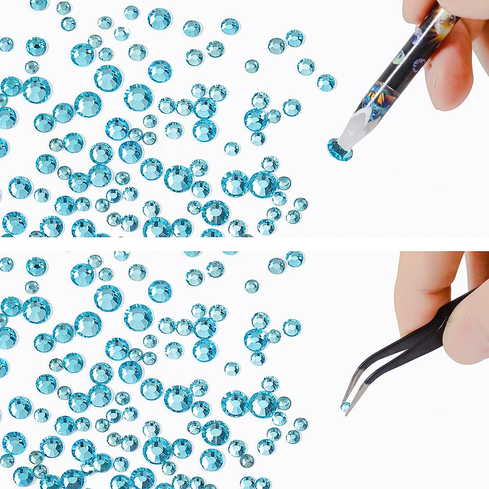 6Grids 3000Pcs Clear Flatback Rhinestones , Lake Blue Nail Gems Crystals Jewels, Craft Glass Diamonds Stones Bling Rhinestone with Tweezers and Picking Pen For Nail Face Makeup(1.8mm~4mm Crystal)