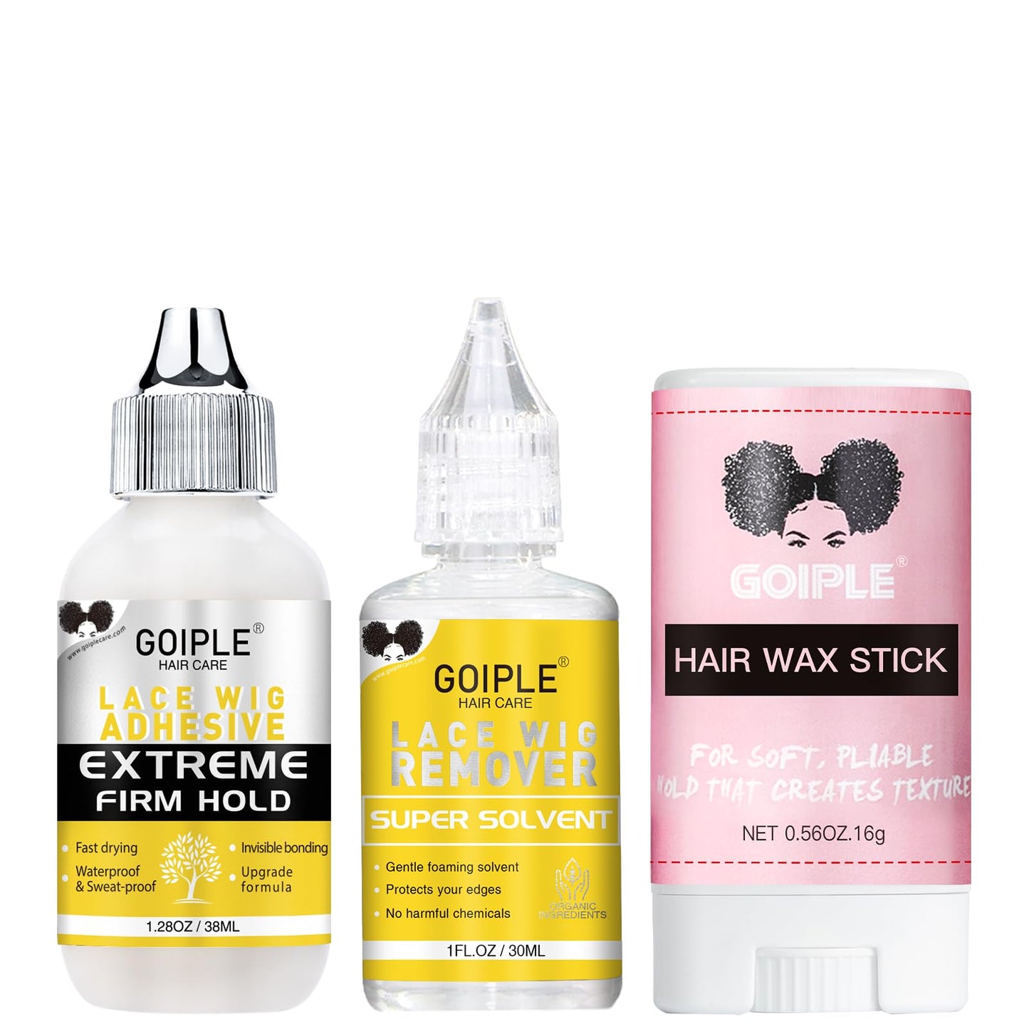 Goiple Wig Glue 1.34fl oz, Waterproof Lace Front Wig Glue for Wigs with Tools and Hair Wax Stick, Wig Glue*1/ Wig Glue Remover*1/ Hair Wax Stick*1 (38ML+30ML+0.56OZ)