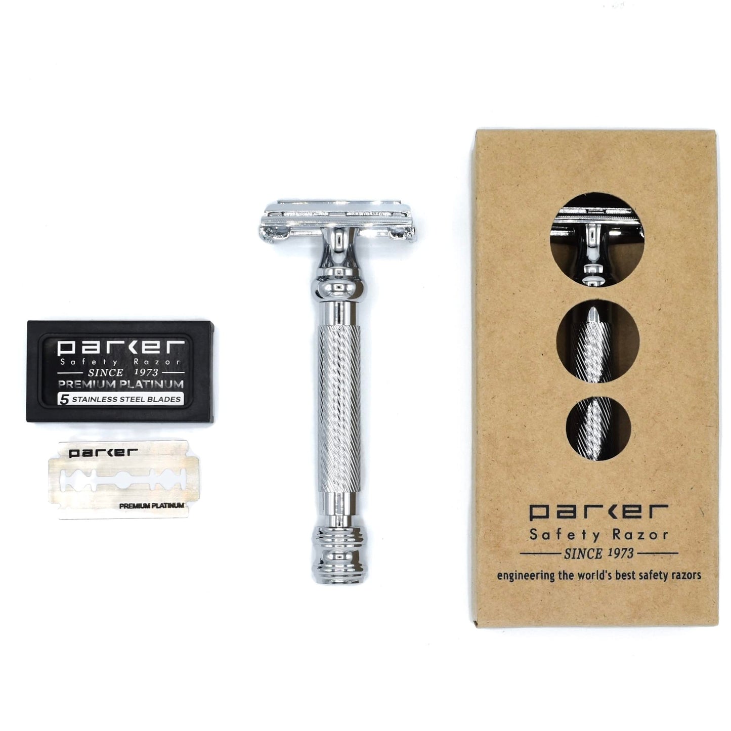 Parker 99R Chrome Long Handle Heavyweight Butterfly Open Double Edge Safety Razor for Men, 5 Parker Premium Platinum Double Edge Razor Blades Included