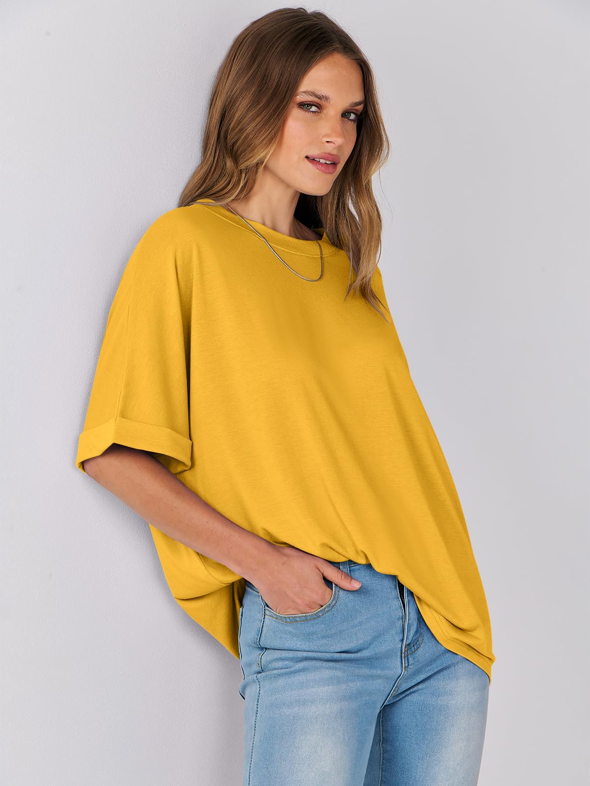 ANRABESS Women's Oversized T Shirts Short Sleeve Crewneck Summer Tops Casual Loose Basic Tee Shirts 2024 Trendy Clothes Yellow Medium