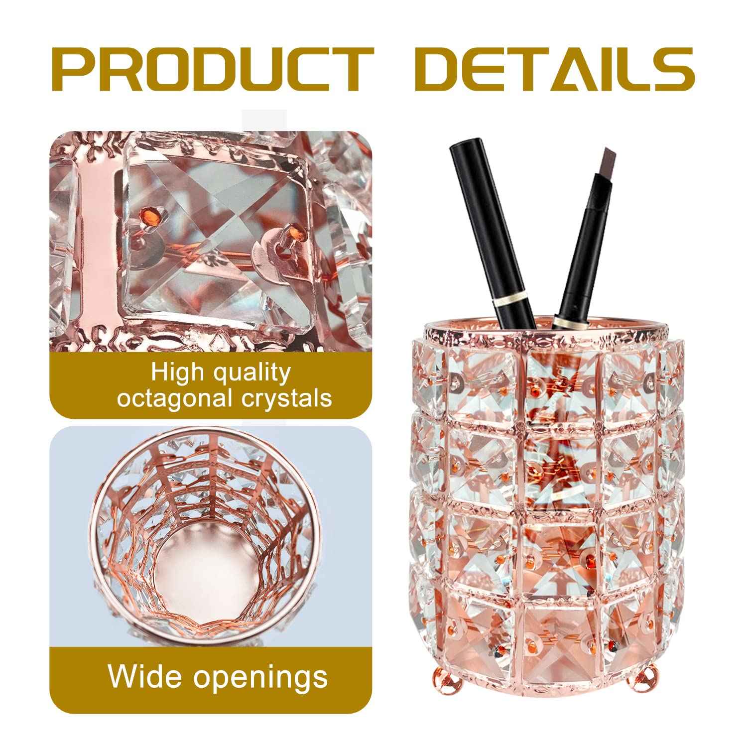 XB'ANG Flower Pattern Makeup Brush Holder Organizer Crystal Cosmetic Cup Eyeliners Eyebrow Pencil Storage Box Container Vanity Decor Accessories (Rose Gold)