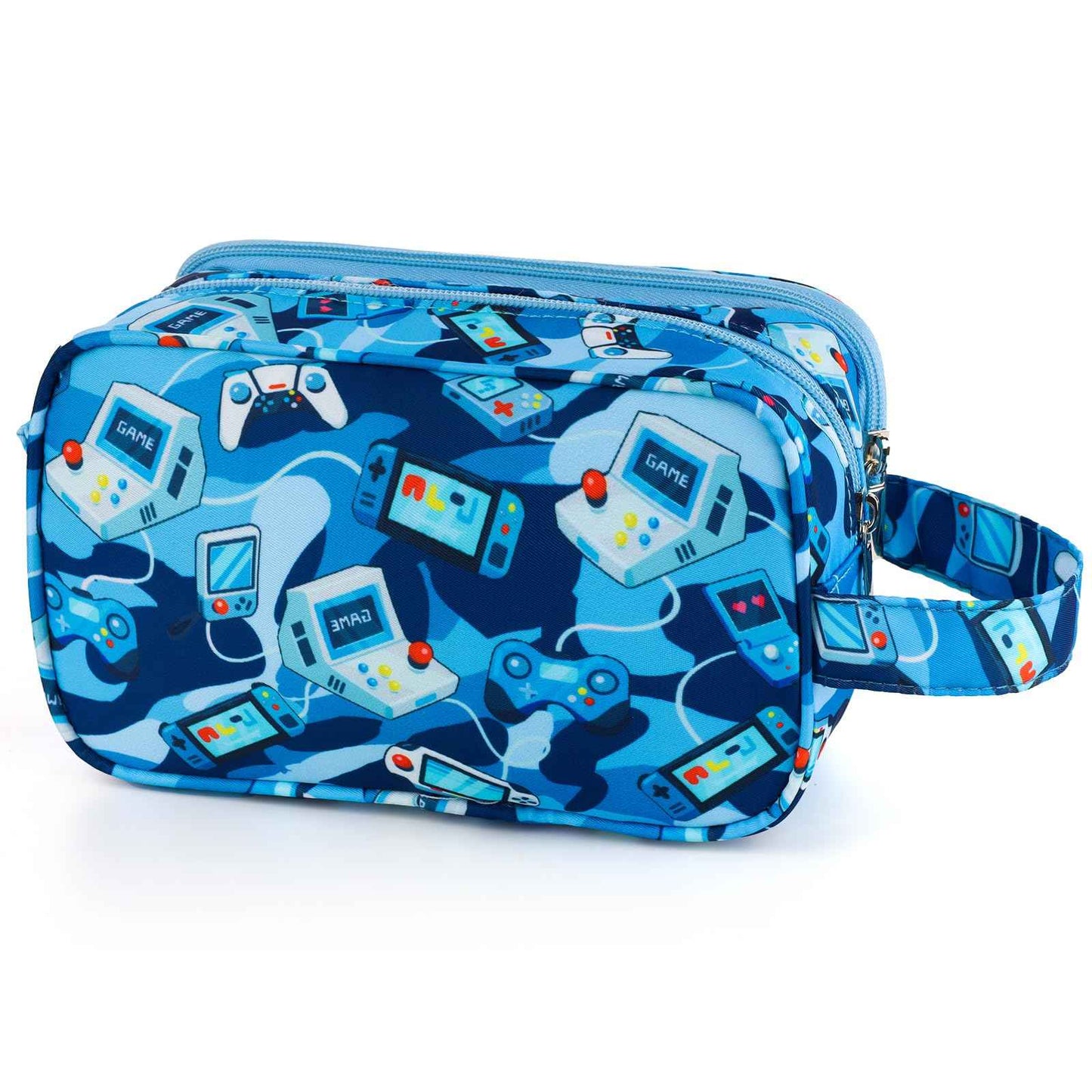 Foxstory Kids Toiletry Bag for Boys, Travel Toiletry Bag for Little Young Boys Waterproof Hanging Wash Bag Toddler Traveling Toiletries, Games Camo Blue