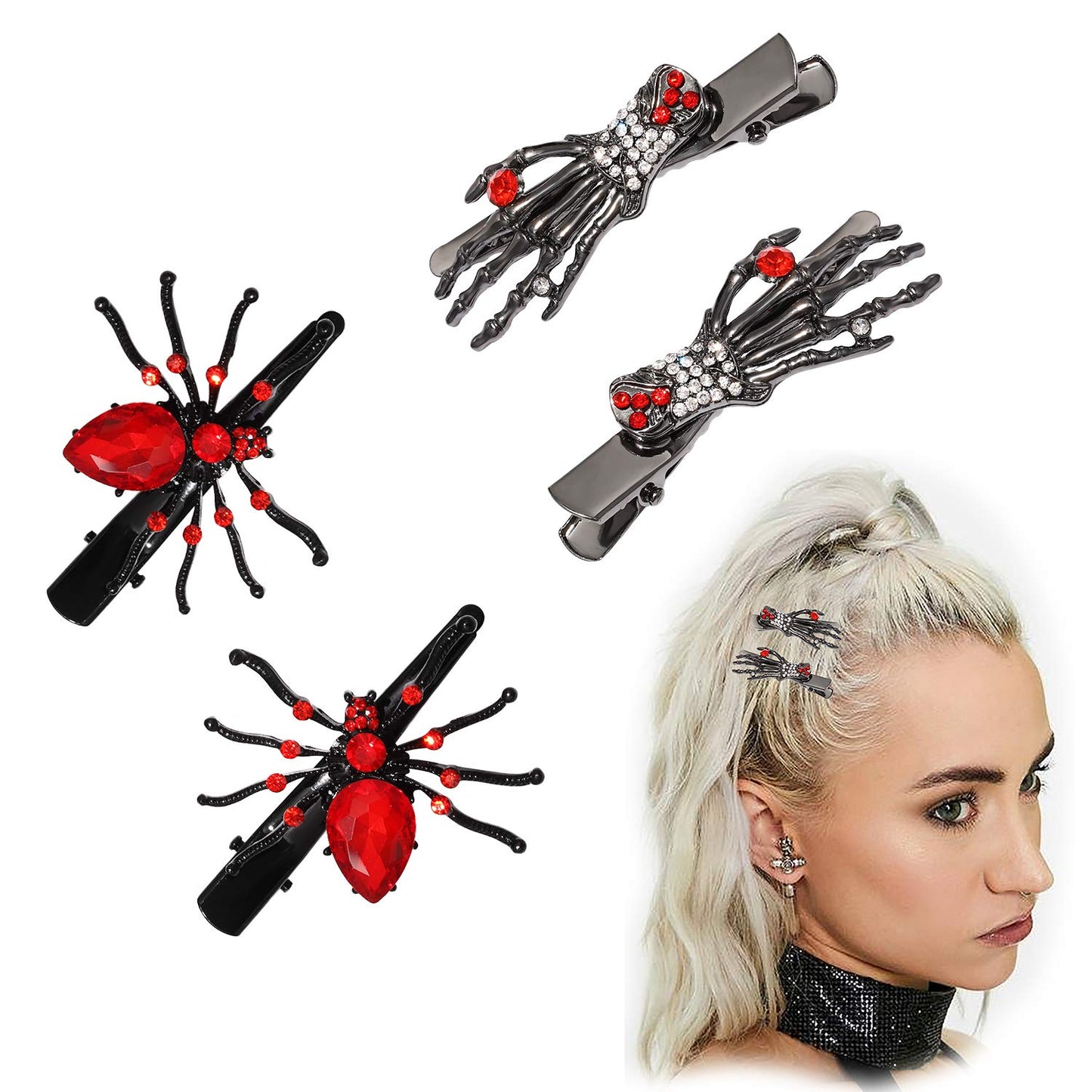 Halloween Hair Clips for Women Girl Halloween Skeleton Hands and Horror Crystal Spider Hairpin Hairwear for Halloween Party