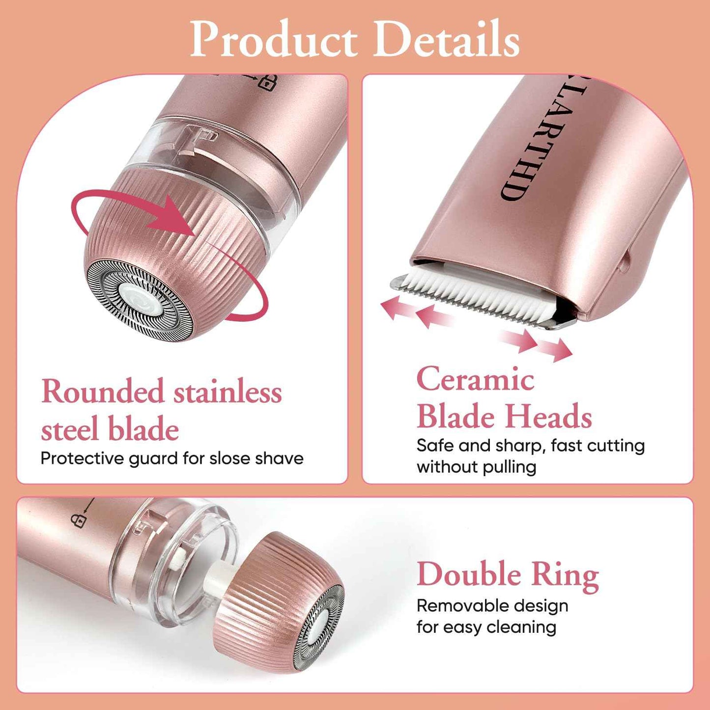 LARTHD 2 in 1 Women Electric Shaver Dual Head Bikini Trimmer for Women IPX7 Waterproof Wet & Dry Use Body Hair Trimmer and Facial Hair Remover for Bikini Underarm Leg Arm Body Face