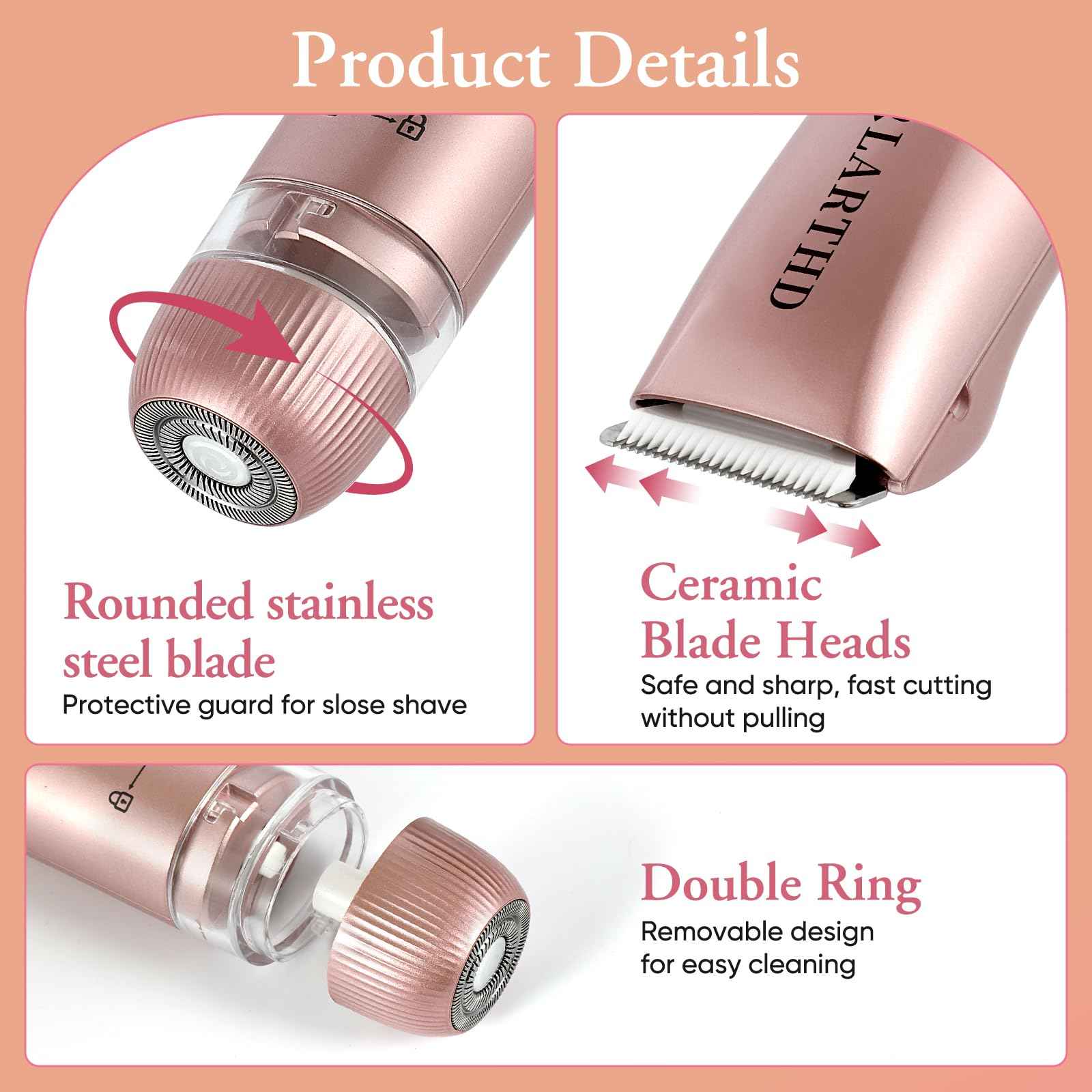 LARTHD 2 in 1 Women Electric Shaver Dual Head Bikini Trimmer for Women IPX7 Waterproof Wet & Dry Use Body Hair Trimmer and Facial Hair Remover for Bikini Underarm Leg Arm Body Face