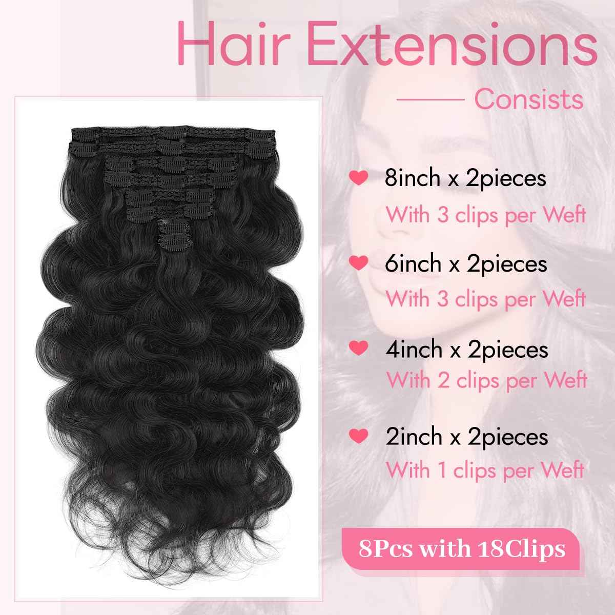 Tandulo Clip in Hair Extensions Real Human Hair Body Wave 1 Jet Black Clip in 100% Brazilian Remy Human Hair Extensions 8pcs Per Set with 18 Clips Double Weft 16 Inch 90g/3.6oz
