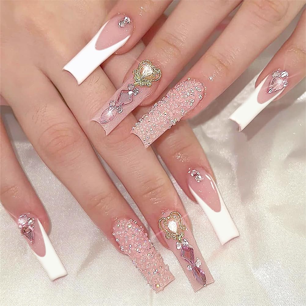 Long Press on Nails White French Tip Long Fake Nails Coffin Press on Nails Square False Nails with Glitter Diamond Charm Design Acrylic Nails Press on Artificial Nails Stick on Nails For Women-24Pcs