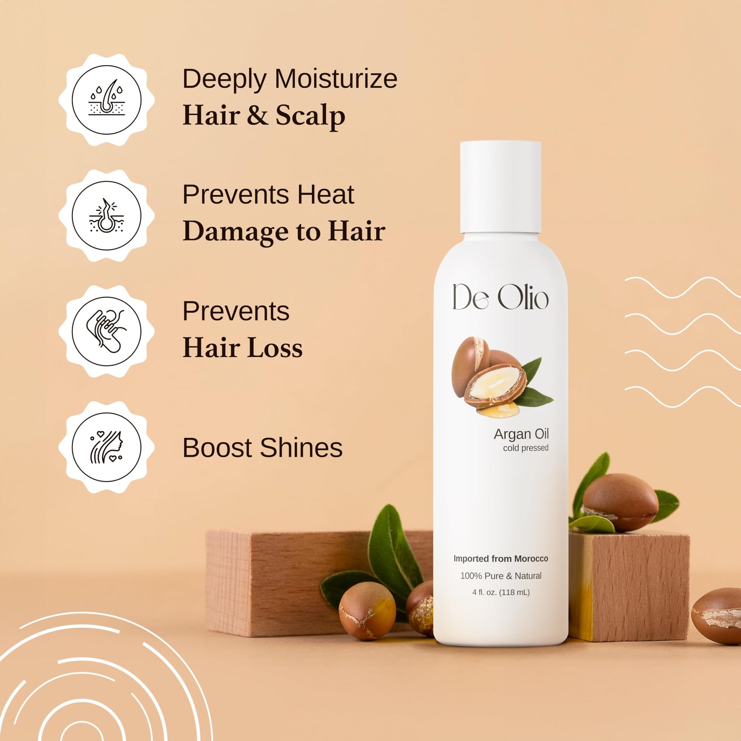 De Olio | Argan Oil of Morocco | 100% Pure & Natural Cold Pressed Argan Oil for Hair, Skin, Face | Refined Moroccan Hair Oil for Moisturizing & Straightening | 4fl. oz. (118 mL)