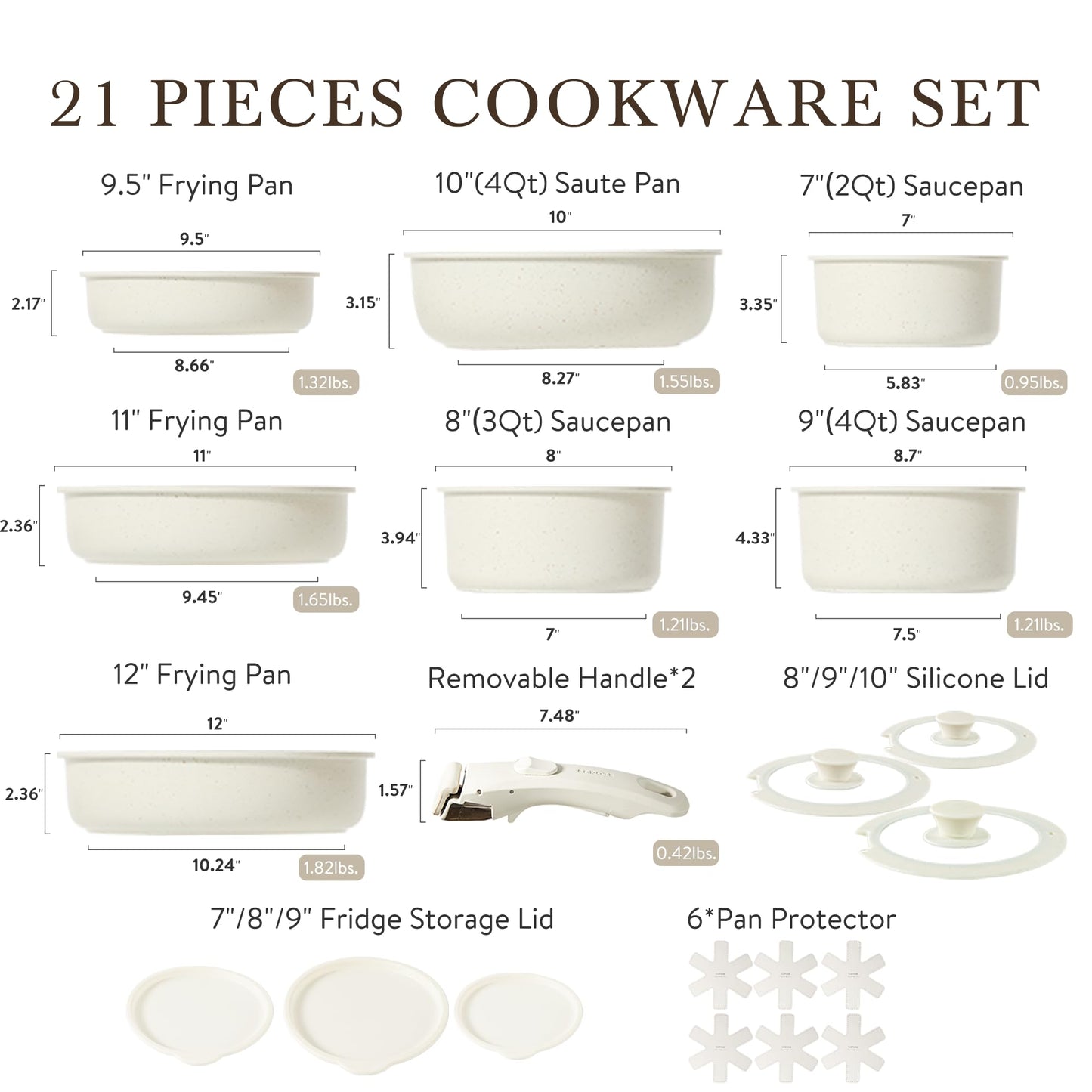 CAROTE 21pcs Detachable Handle Pots and Pan Set, Nonstick Induction Cookware, Removable Handle, RV Oven Safe Cookware, Cream White