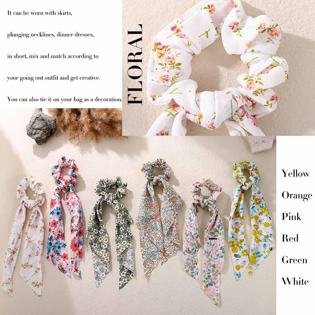 Jewemia Hair Scarf for Women Bow Scrunchy with Ribbon Long Hair Bows Scrunchies for Girls Bow Scrunchies with Hair Elastics for Beach Party (Flower-2)