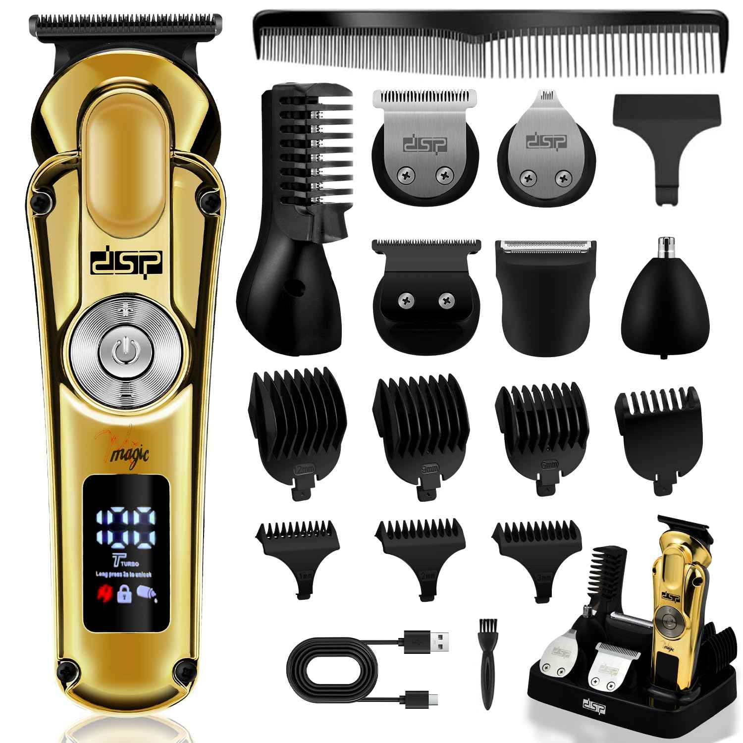 DSP Men's Grooming Kit, Beard Trimmer for Men, Nose Trimmer, Body Trimmer, Foil Shaver, T-Blade, Mustache, Cordless Hair Trimmer, IPX6 Waterproof,2 Speeds Adjustable, Gift for Men (Gold)